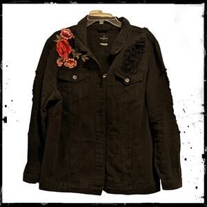 One 5 One Black Denim Destroyed Distressed Ripped Floral Embroidered Jean Jacket